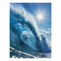 Dramatic blue ocean wave surfer canvas art for coastal living room decor.