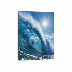 Dramatic blue ocean wave surfer canvas art for coastal living room decor.