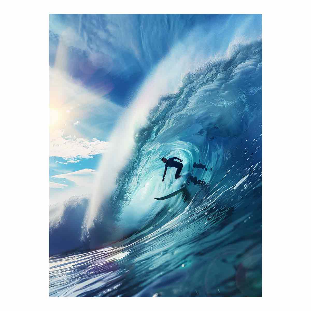 Turquoise barrel wave surfer canvas art for modern coastal bedroom decor.