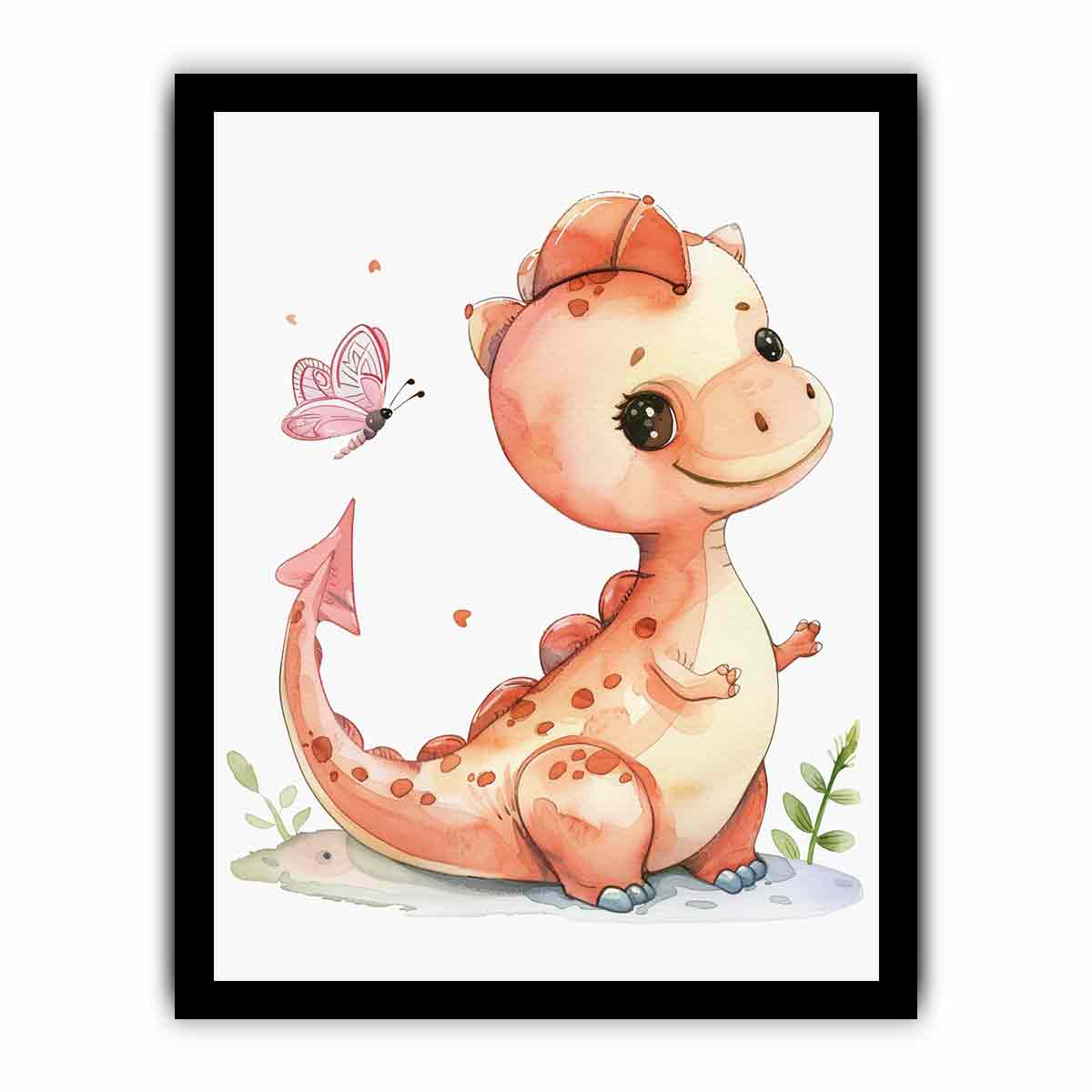 Peach baby dinosaur canvas art for nursery and kids bedroom decor.
