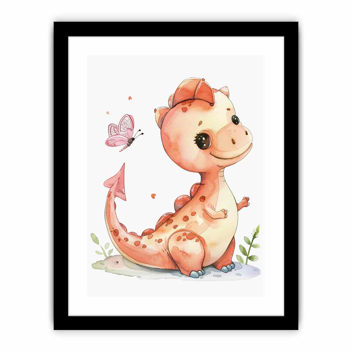 Peach baby dinosaur canvas art for nursery and kids bedroom decor.