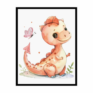 Peach baby dinosaur canvas art for nursery and kids bedroom decor.