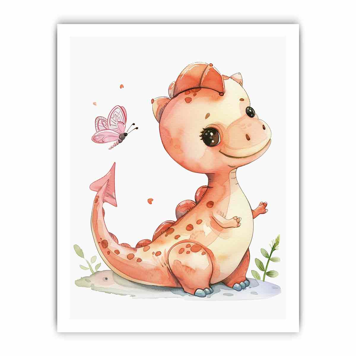 Peach baby dinosaur canvas art for nursery and kids bedroom decor.