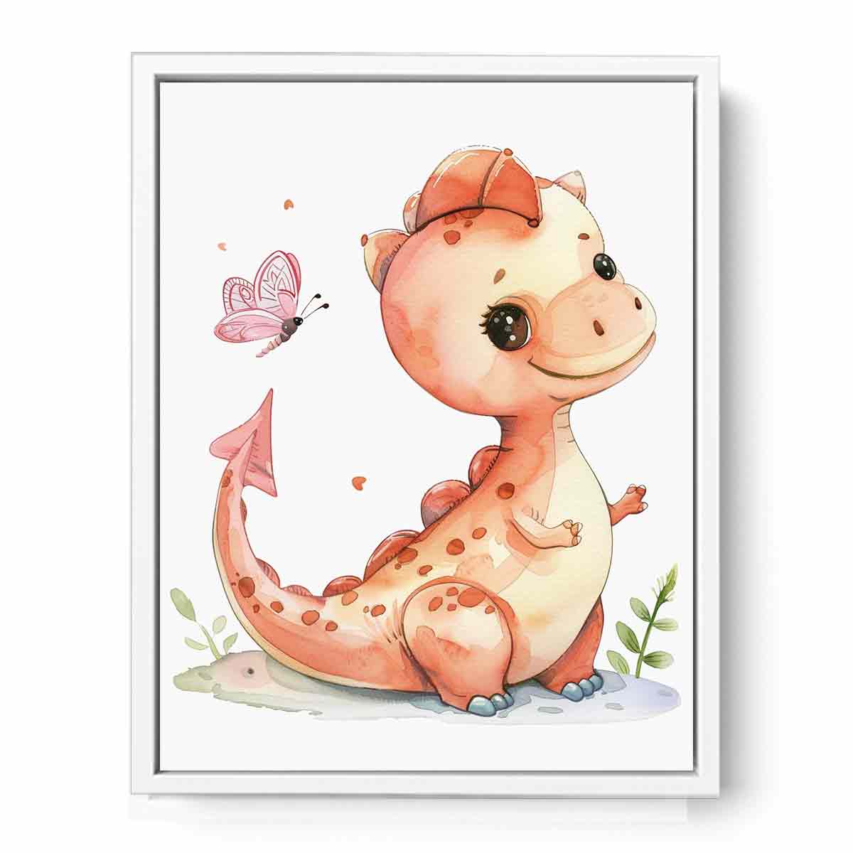 Peach baby dinosaur canvas art for nursery and kids bedroom decor.
