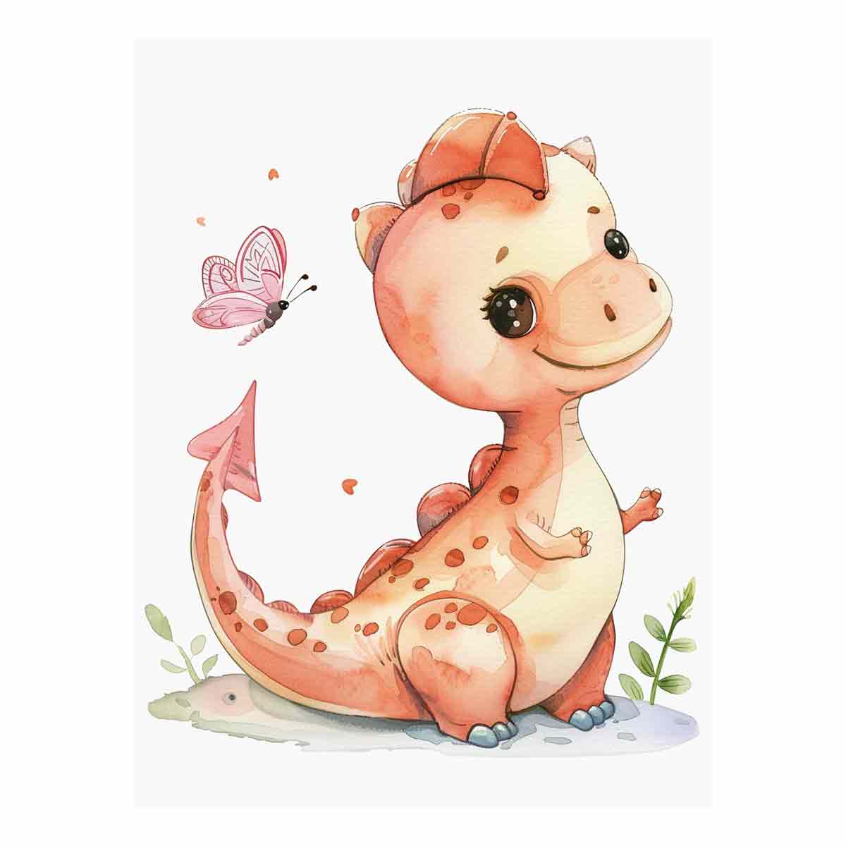 Peach baby dinosaur canvas art for nursery and kids bedroom decor.