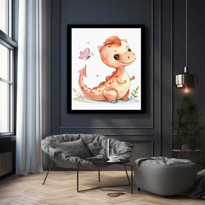 Peach baby dinosaur canvas art for nursery and kids bedroom decor.