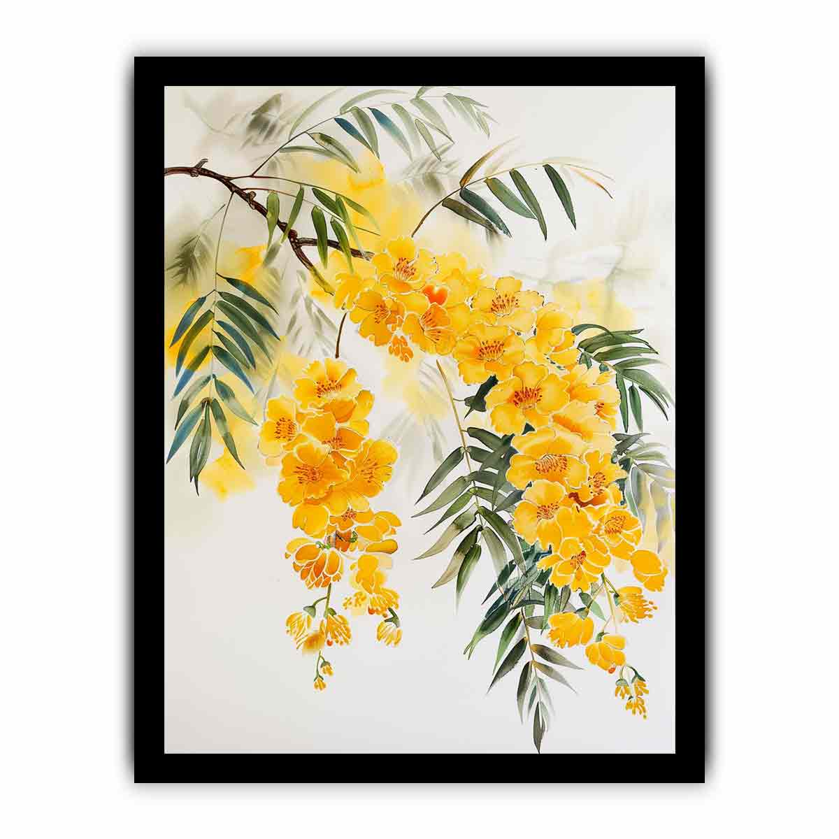 Yellow botanical flower branch canvas art for calm modern bedroom decor.