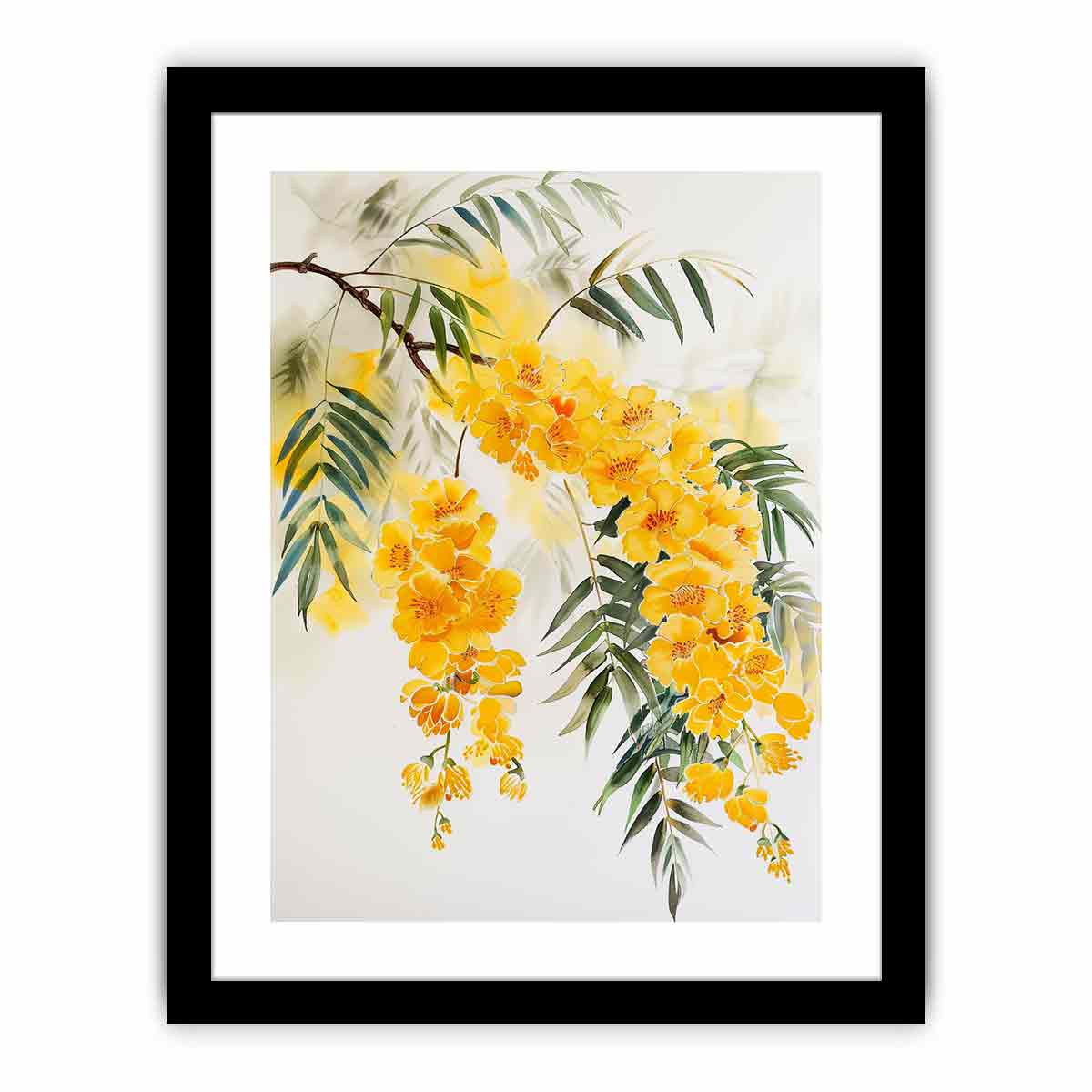 Yellow botanical flower branch canvas art for calm modern bedroom decor.