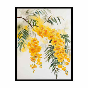 Yellow botanical flower branch canvas art for calm modern bedroom decor.