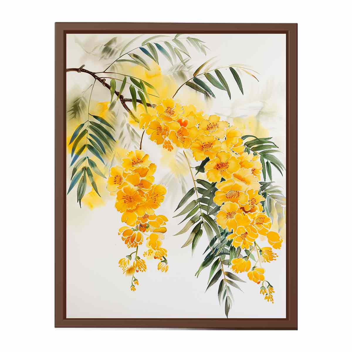 Yellow botanical flower branch canvas art for calm modern bedroom decor.