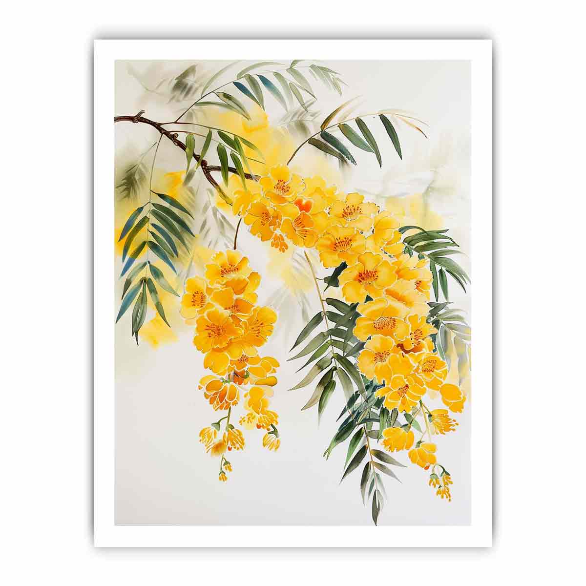 Yellow botanical flower branch canvas art for calm modern bedroom decor.