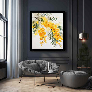 Yellow botanical flower branch canvas art for calm modern bedroom decor.