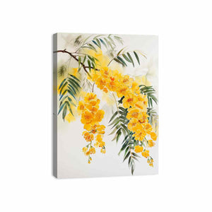 Yellow botanical flower branch canvas art for calm modern bedroom decor.