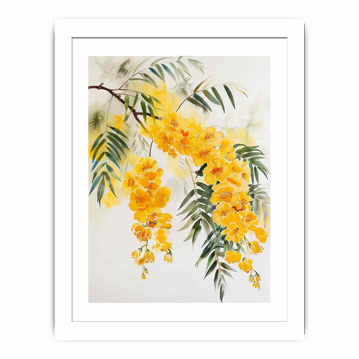 Yellow botanical flower branch canvas art for calm modern bedroom decor.