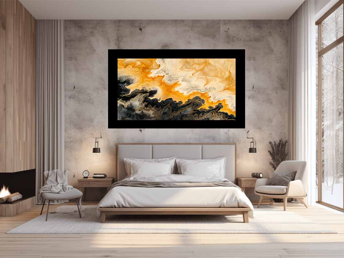 Amber black abstract marble canvas art for modern living room decor.