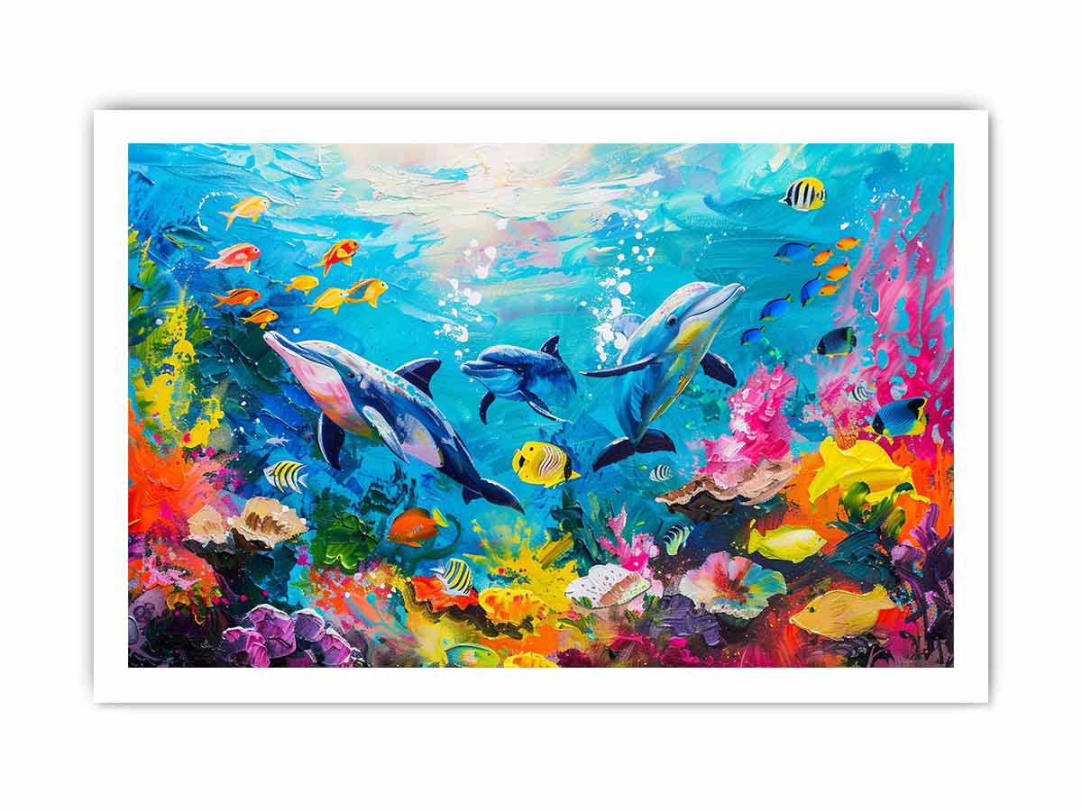 Colorful dolphin coral reef canvas art for kids room and beach house decor.
