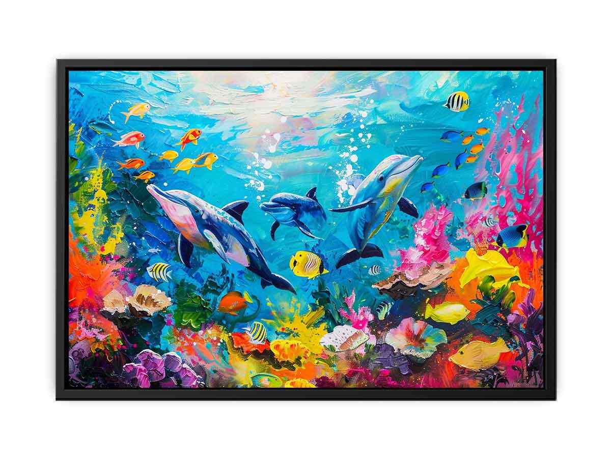 Colorful dolphin coral reef canvas art for kids room and beach house decor.