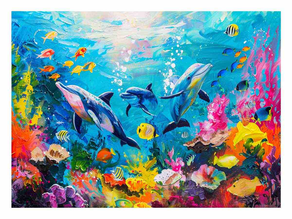 Colorful dolphin coral reef canvas art for kids room and beach house decor.