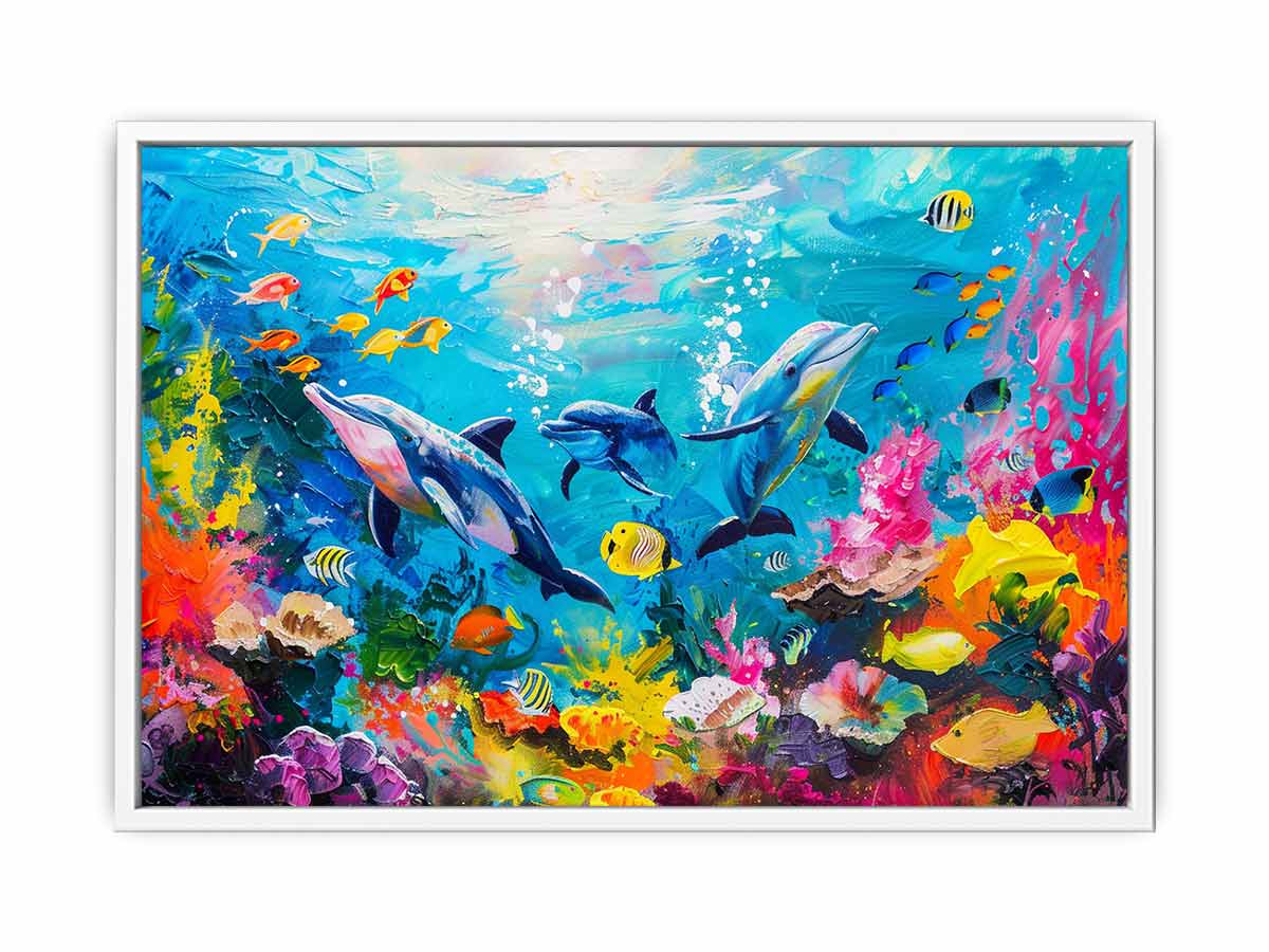 Colorful dolphin coral reef canvas art for kids room and beach house decor.