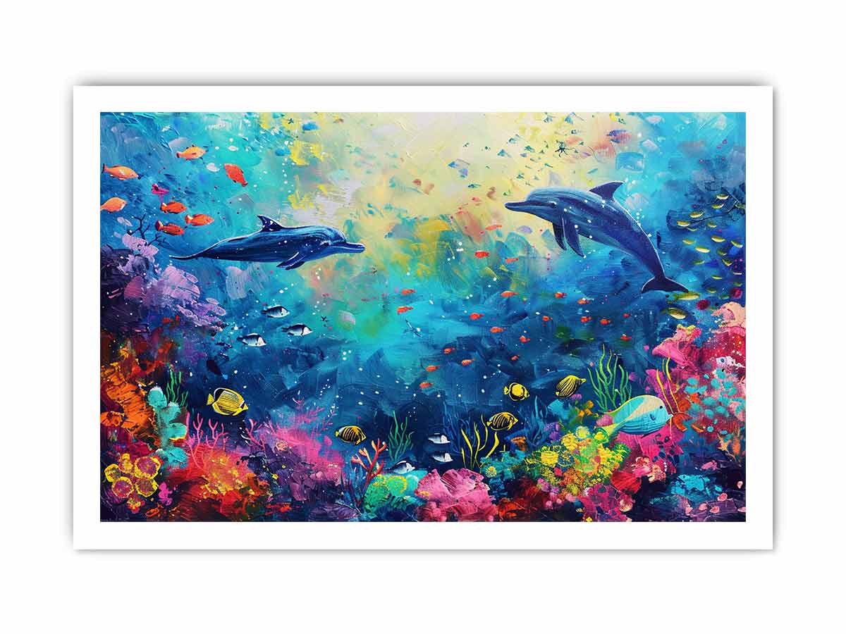 Dolphin reef ocean canvas art for colorful kids room and coastal decor.
