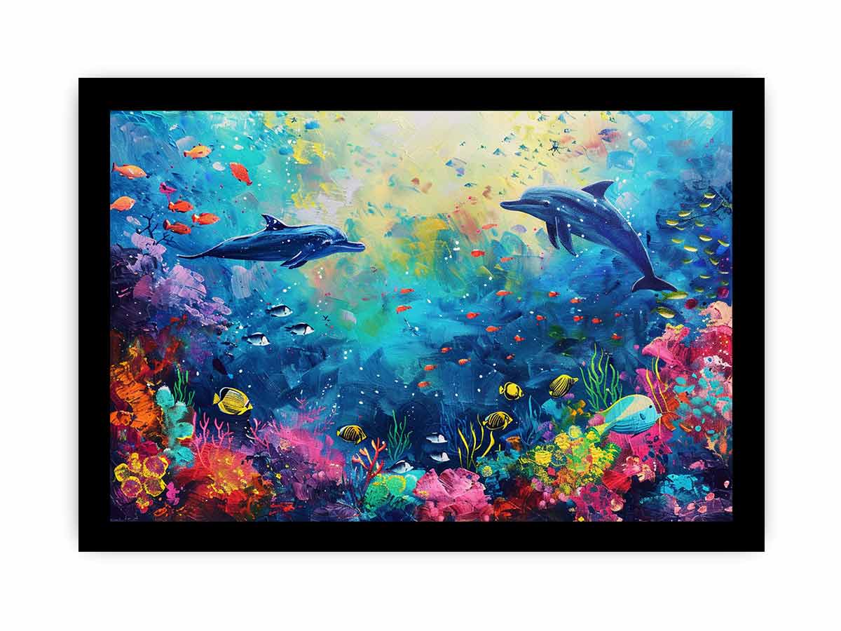 Dolphin reef ocean canvas art for colorful kids room and coastal decor.