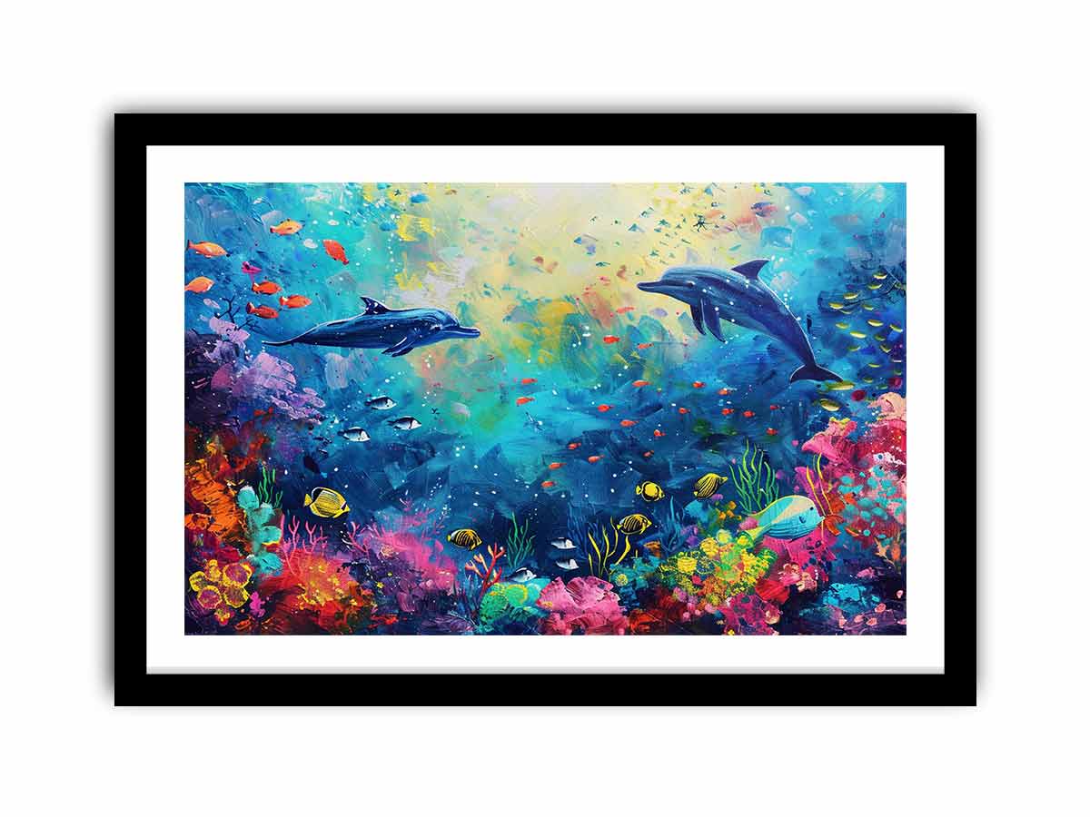 Dolphin reef ocean canvas art for colorful kids room and coastal decor.