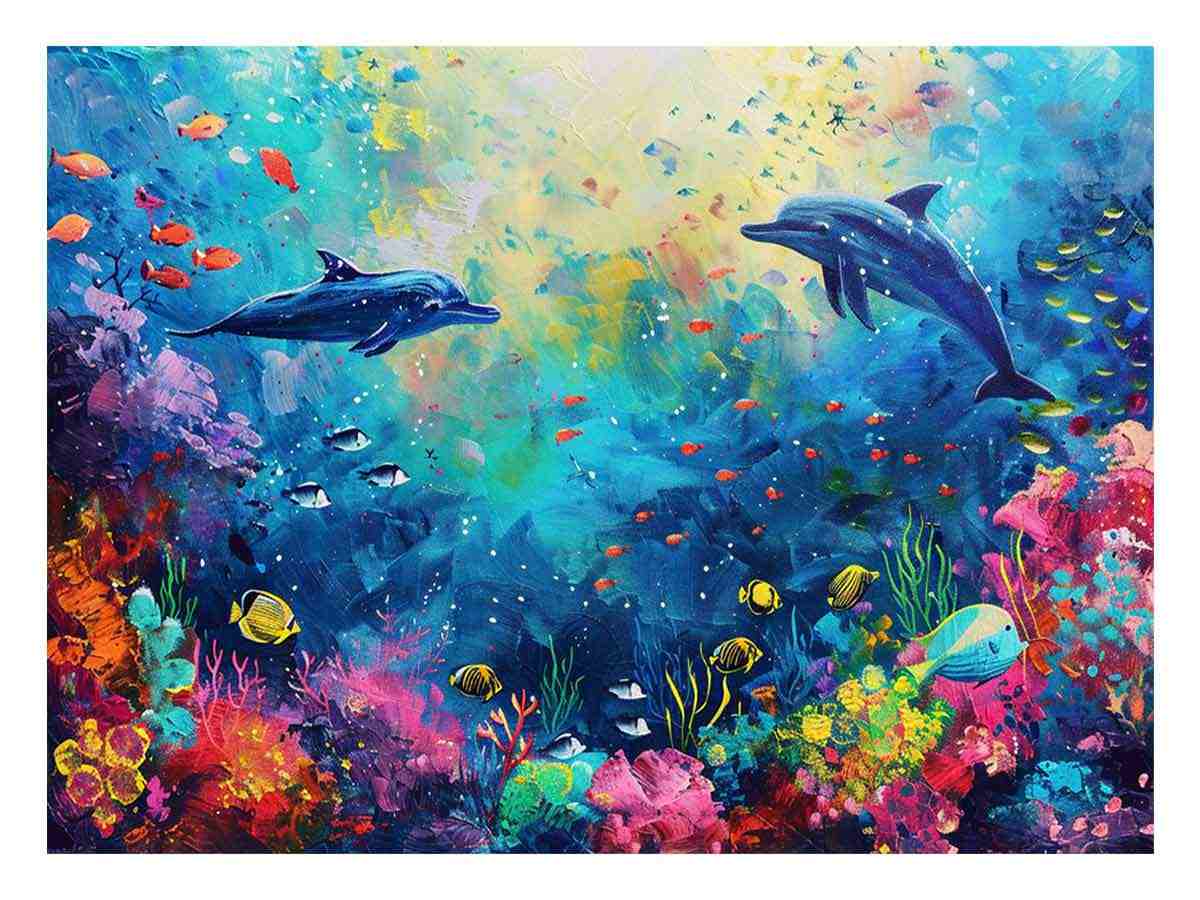 Dolphin reef ocean canvas art for colorful kids room and coastal decor.