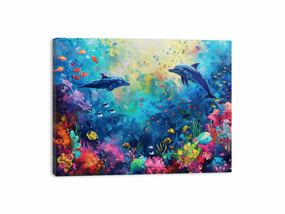 Dolphin reef ocean canvas art for colorful kids room and coastal decor.