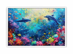 Dolphin reef ocean canvas art for colorful kids room and coastal decor.