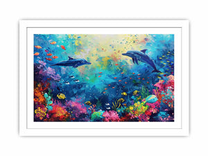 Dolphin reef ocean canvas art for colorful kids room and coastal decor.