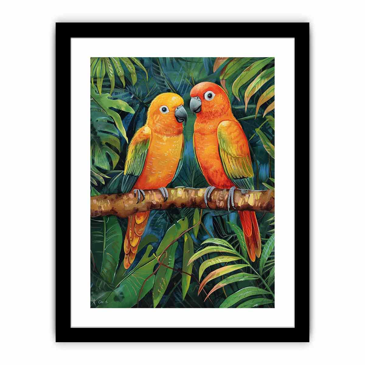 Tropical parrot illustration canvas art for colorful living room decor.