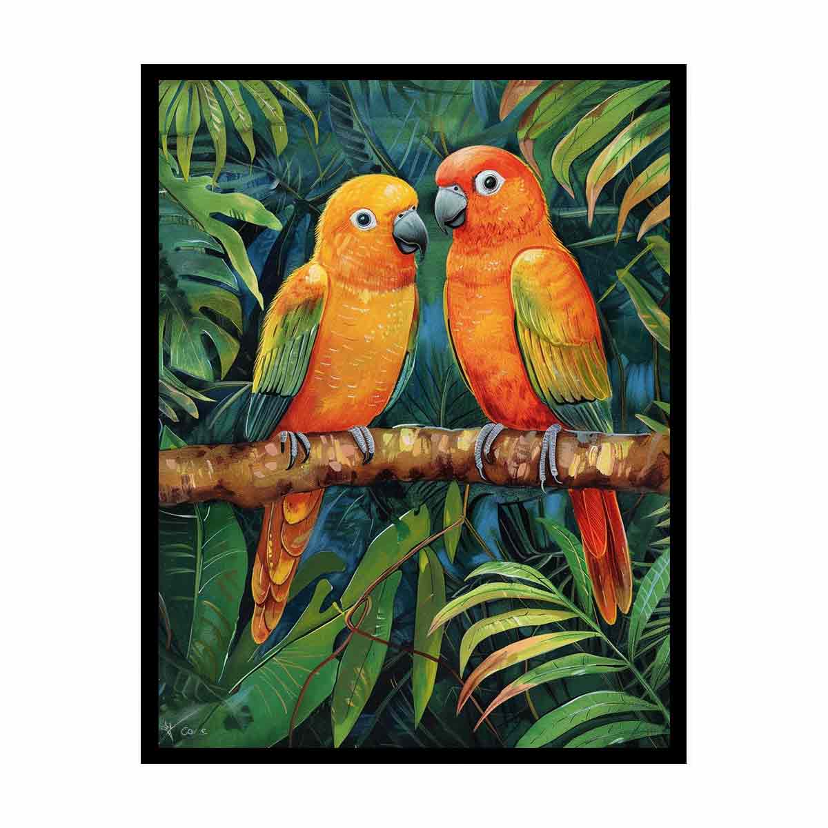 Tropical parrot illustration canvas art for colorful living room decor.