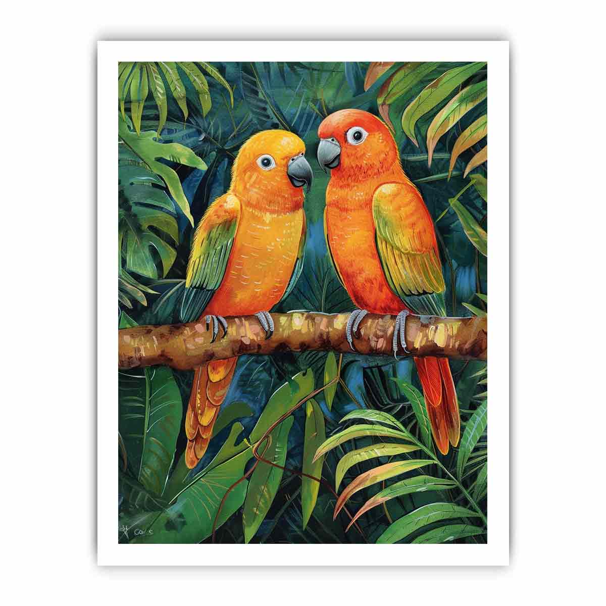 Tropical parrot illustration canvas art for colorful living room decor.