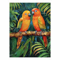 Tropical parrot illustration canvas art for colorful living room decor.