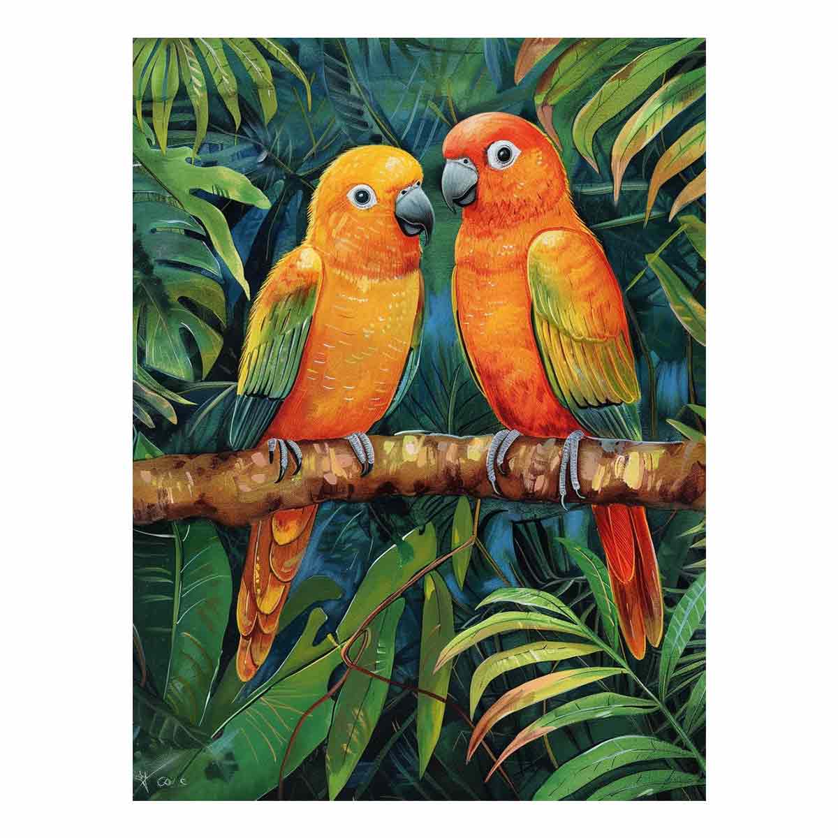 Tropical parrot illustration canvas art for colorful living room decor.