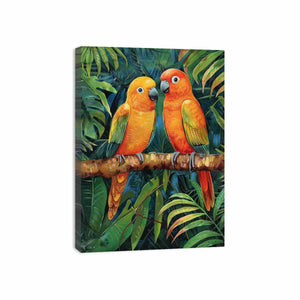 Tropical parrot illustration canvas art for colorful living room decor.