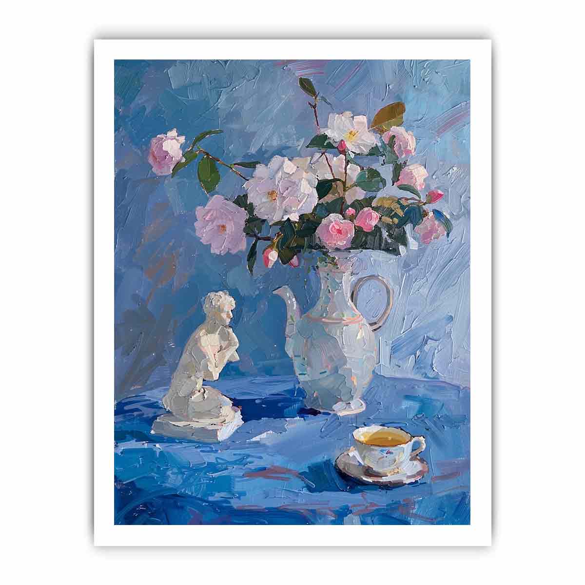 Blue floral still life canvas art with pitcher and teacup for elegant kitchen or bedroom decor.
