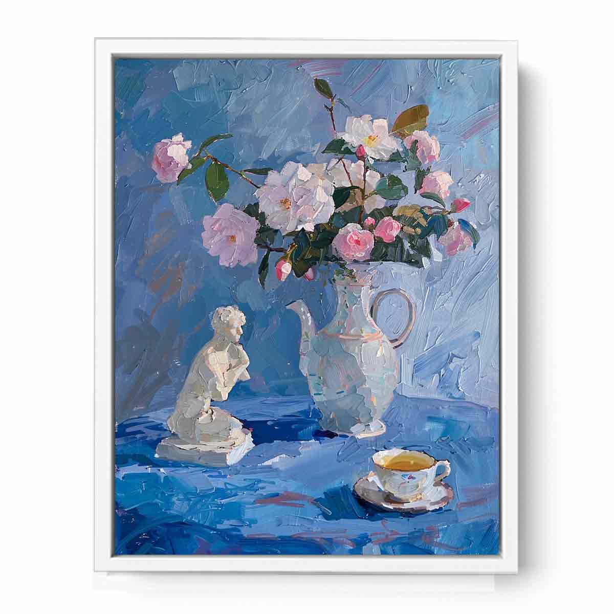 Blue floral still life canvas art with pitcher and teacup for elegant kitchen or bedroom decor.