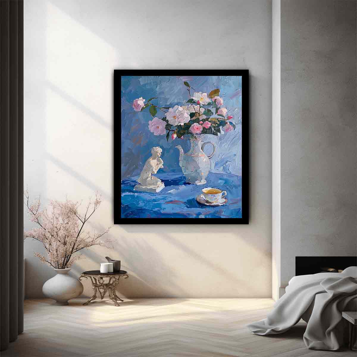 Blue floral still life canvas art with pitcher and teacup for elegant kitchen or bedroom decor.