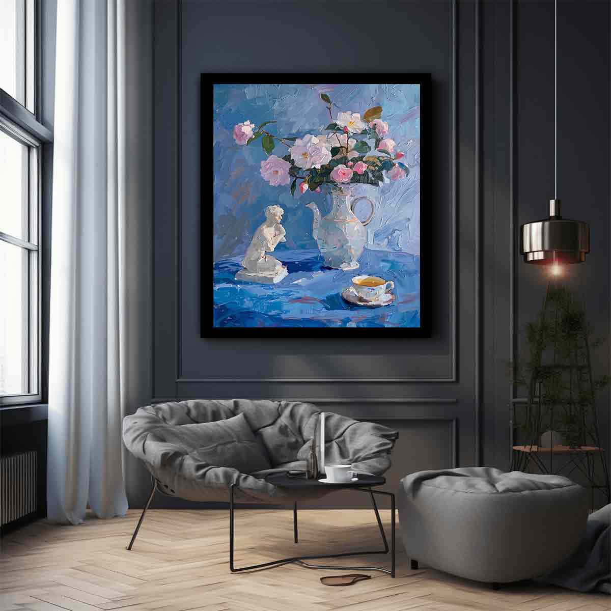 Blue floral still life canvas art with pitcher and teacup for elegant kitchen or bedroom decor.