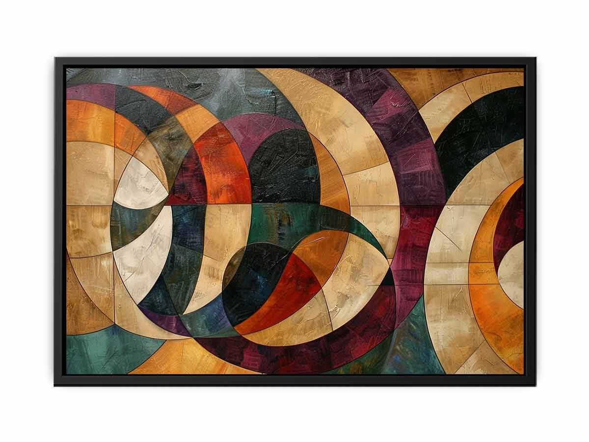 Geometric abstract canvas art with circles and warm tones for modern living room decor.