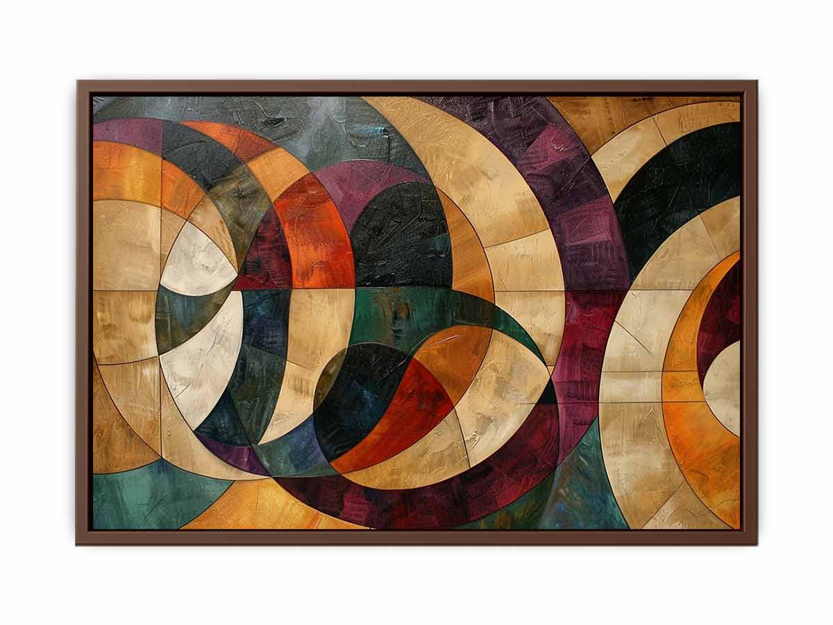 Geometric abstract canvas art with circles and warm tones for modern living room decor.