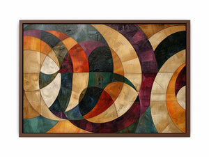 Geometric abstract canvas art with circles and warm tones for modern living room decor.