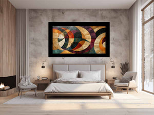 Geometric abstract canvas art with circles and warm tones for modern living room decor.