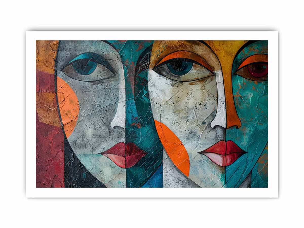 Modern cubist face portrait canvas art for bold contemporary living room decor.