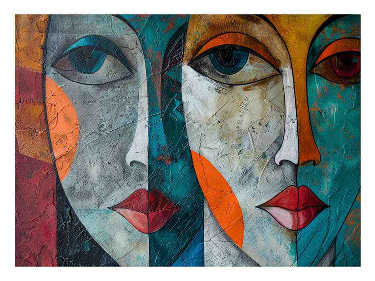 Modern cubist face portrait canvas art for bold contemporary living room decor.