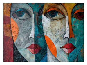 Modern cubist face portrait canvas art for bold contemporary living room decor.