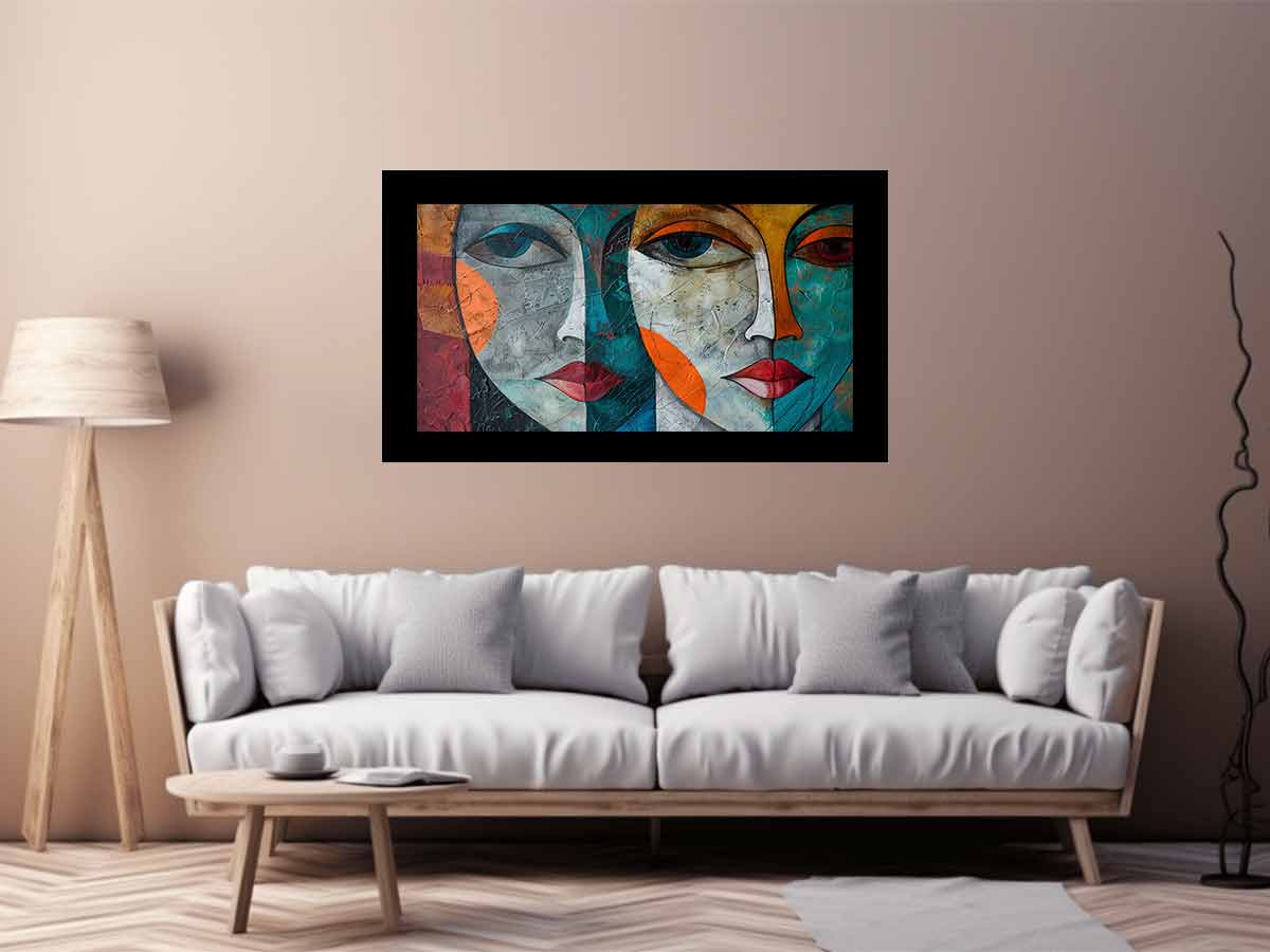Modern cubist face portrait canvas art for bold contemporary living room decor.