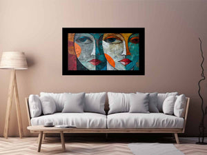 Modern cubist face portrait canvas art for bold contemporary living room decor.