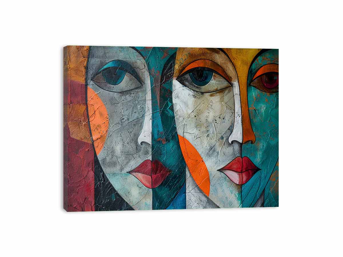Modern cubist face portrait canvas art for bold contemporary living room decor.